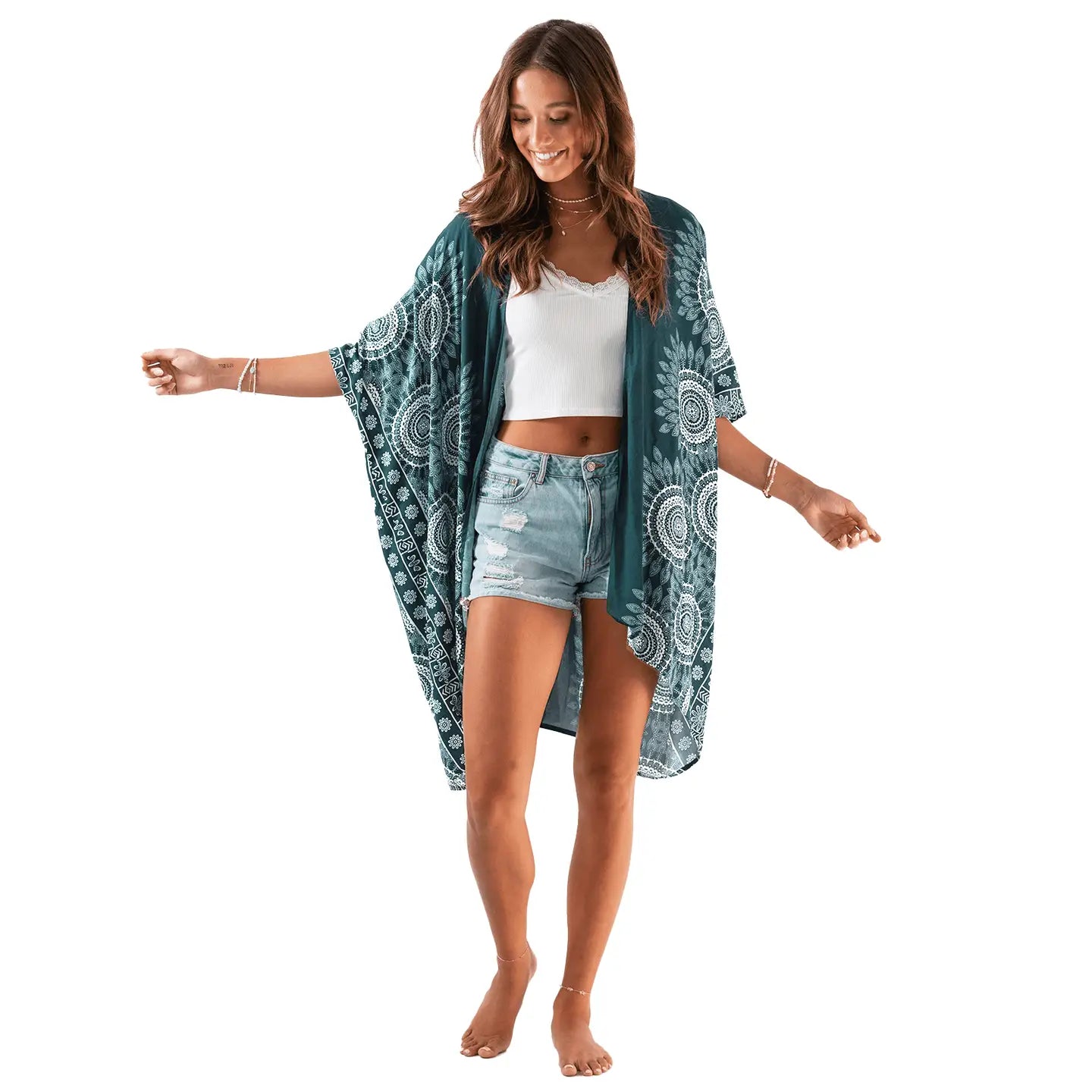 Aguadilla Kimono in verdigris, mid-thigh to knee length, styled with crop top and cutoffs.