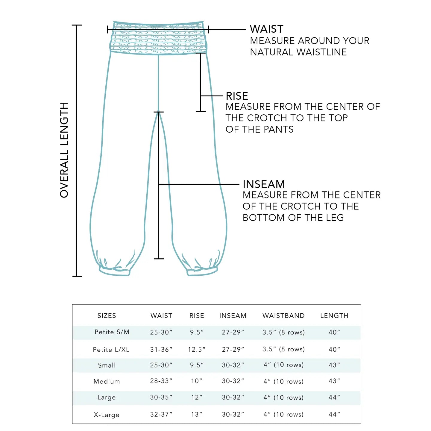 Sizing chart and measurements for Santa Barbara Harem Pants in grey and white watercolor design.