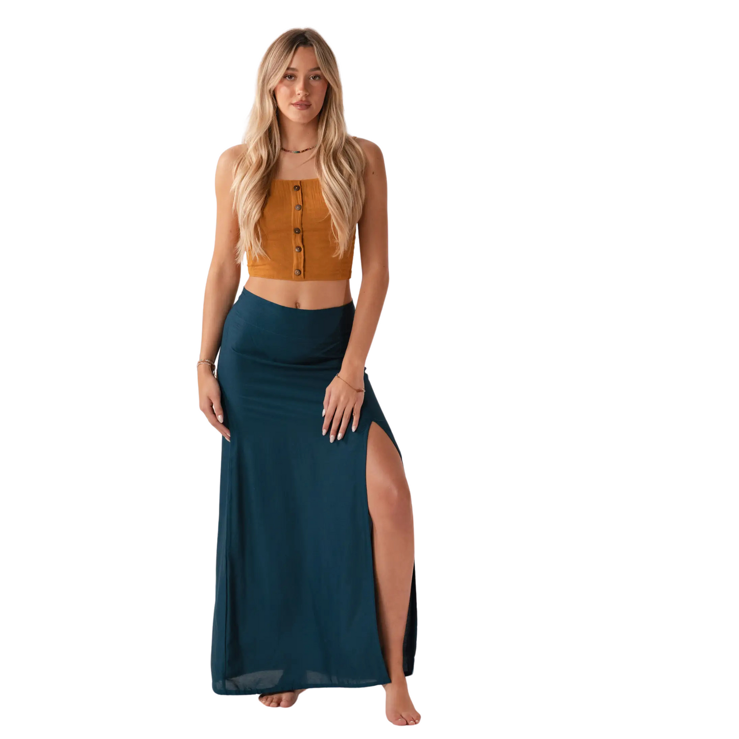Deep teal maxi skirt with structured drape for versatile styling.