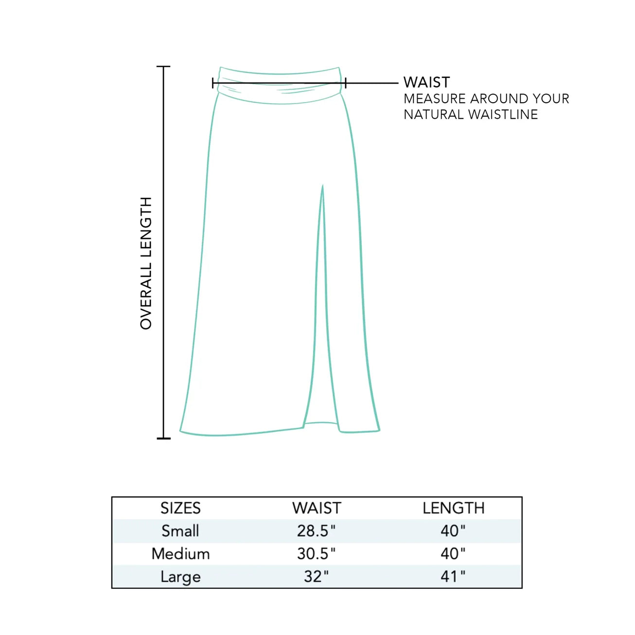 Black Maxi Skirt with size chart showing waist and length measurements for small, medium, and large sizes.