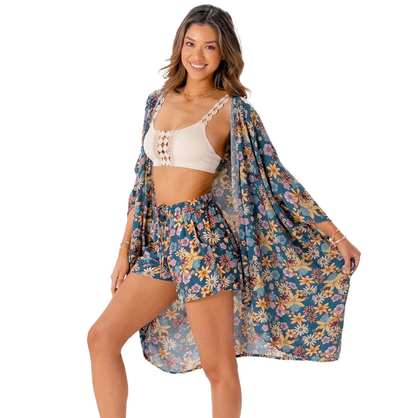 Paradise Cove Kimono in deep teal with multicolor mandala pattern, mid-thigh length, perfect for versatile styling.