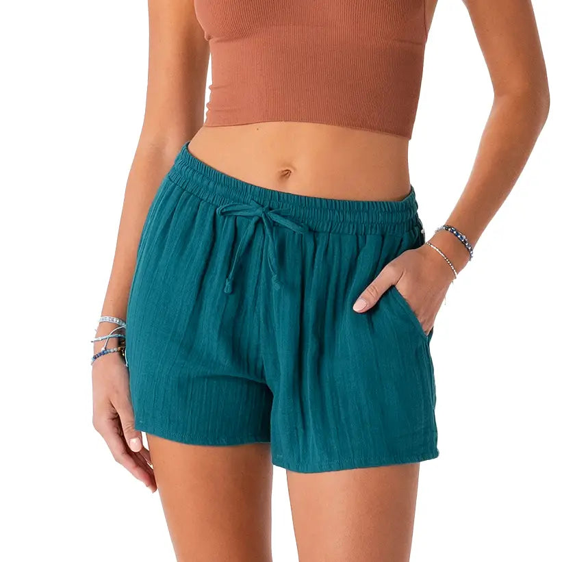 Verdigris Cotton Cabana Shorts with drawstring waist and relaxed fit.