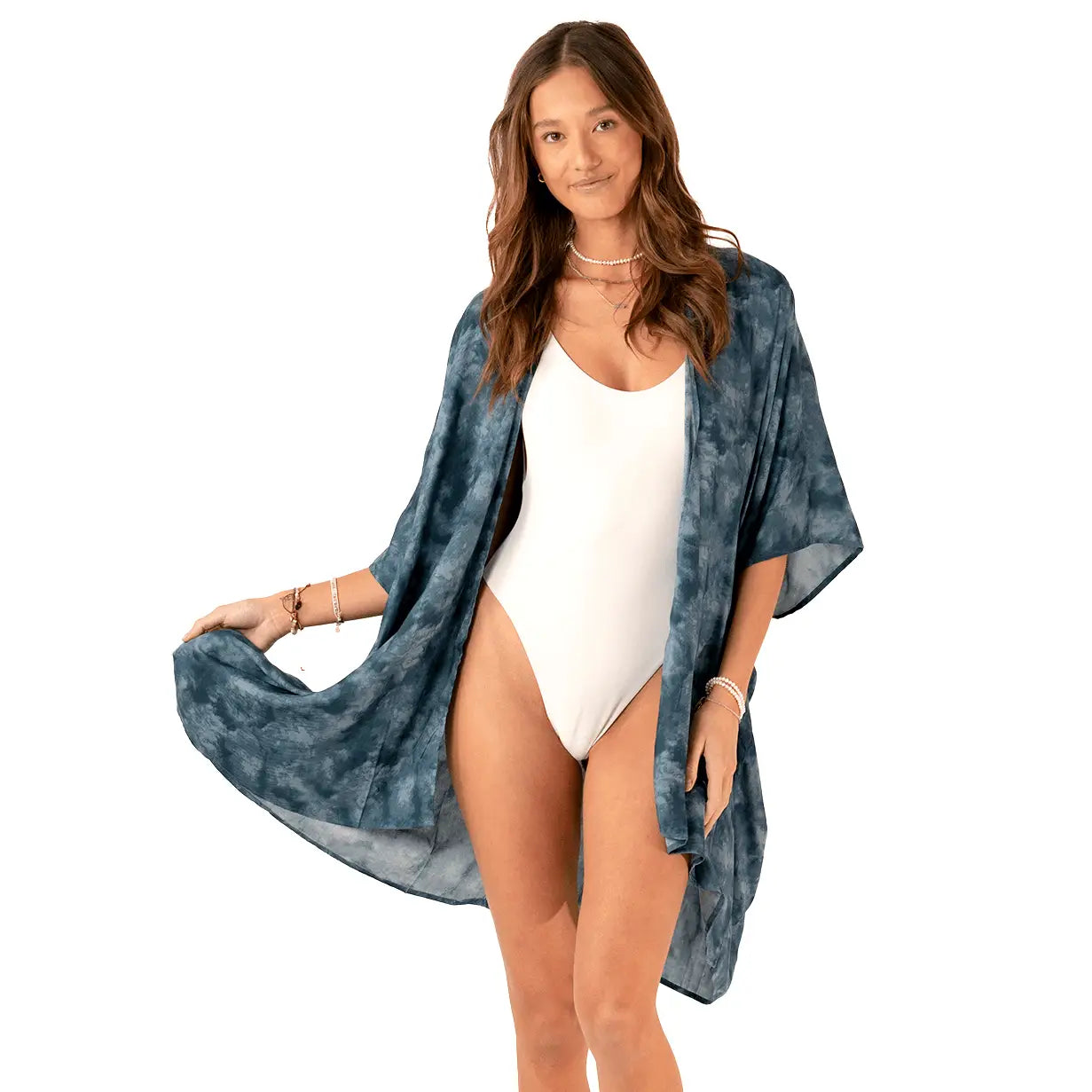 Dark blue tie-dye Pampa Point Kimono with mid-thigh to mid-knee length, perfect for versatile styling.