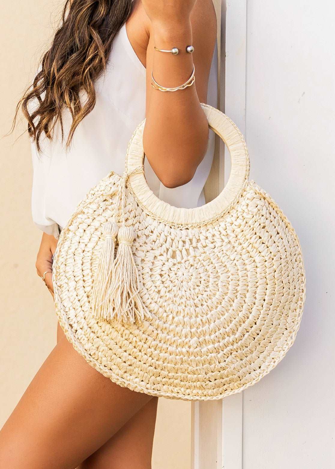 Straw Tassel O-Ring Tote Opal Tides